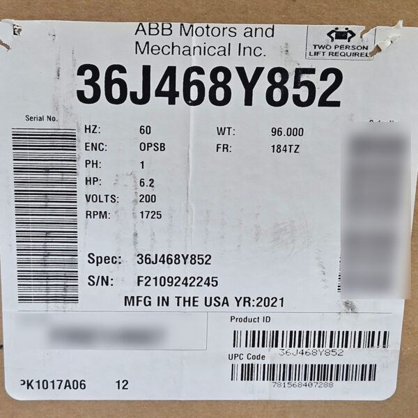 Baldor Motor 6.2 HP, 200V 1 PH, 1725 RPM, 184TZ Frame (Clearance) - Image 3